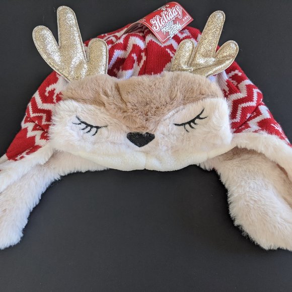 Kids Plush Christmas Reindeer Trapper Hat New - Picture 2 of 9